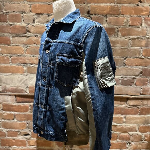 Sacai Hybrid Denim MA-1 Bomber Jacket Sz 3 – Indigo Blue / Olive Nylon Japan - Picture 3 of 8